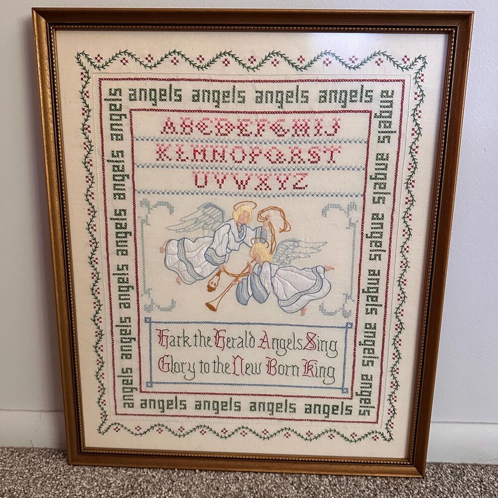 Vintage 1986 Dimensions Christmas Angel Cross Stitch Sampler - Completed Framed